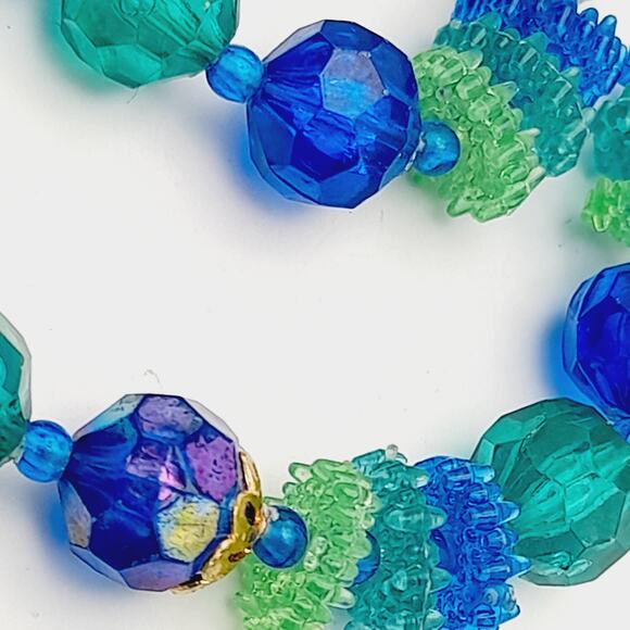 Vintage Hong Kong Early Plastic Two Strand Beaded Necklace, Green Blue Beads - Picture 7 of 10